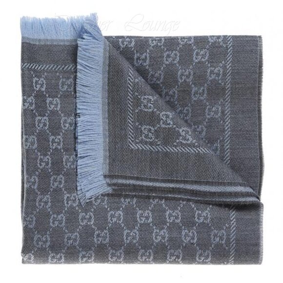 NEW GUCCI Grey Blue Wool GG Monogram Reversible Stencil Scarf $520 Authentic - Picture 4 of 12